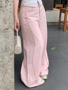 Dazy Plus Regular Mid-Waist Pearl Patchwork Loose Wide Leg Long Pants Casual Pink Denim Jeans For Girls - Pink - View 1