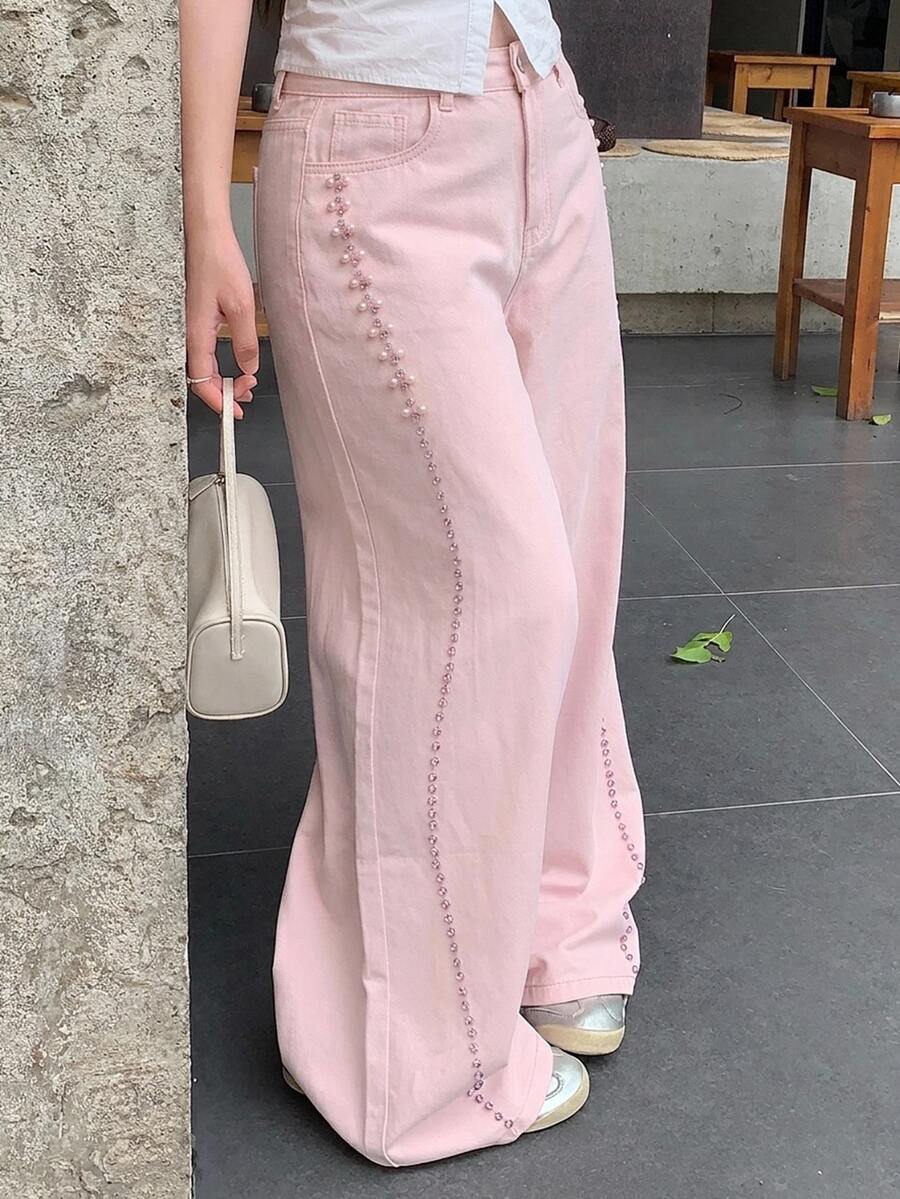 Dazy Plus Regular Mid-Waist Pearl Patchwork Loose Wide Leg Long Pants Casual Pink Denim Jeans For Girls - Pink - View 1