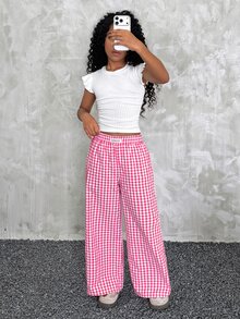 Coolane Kids 青少年女孩格紋印花字母拼接細節寬腿長褲 - 玫紅色 - 查看 2