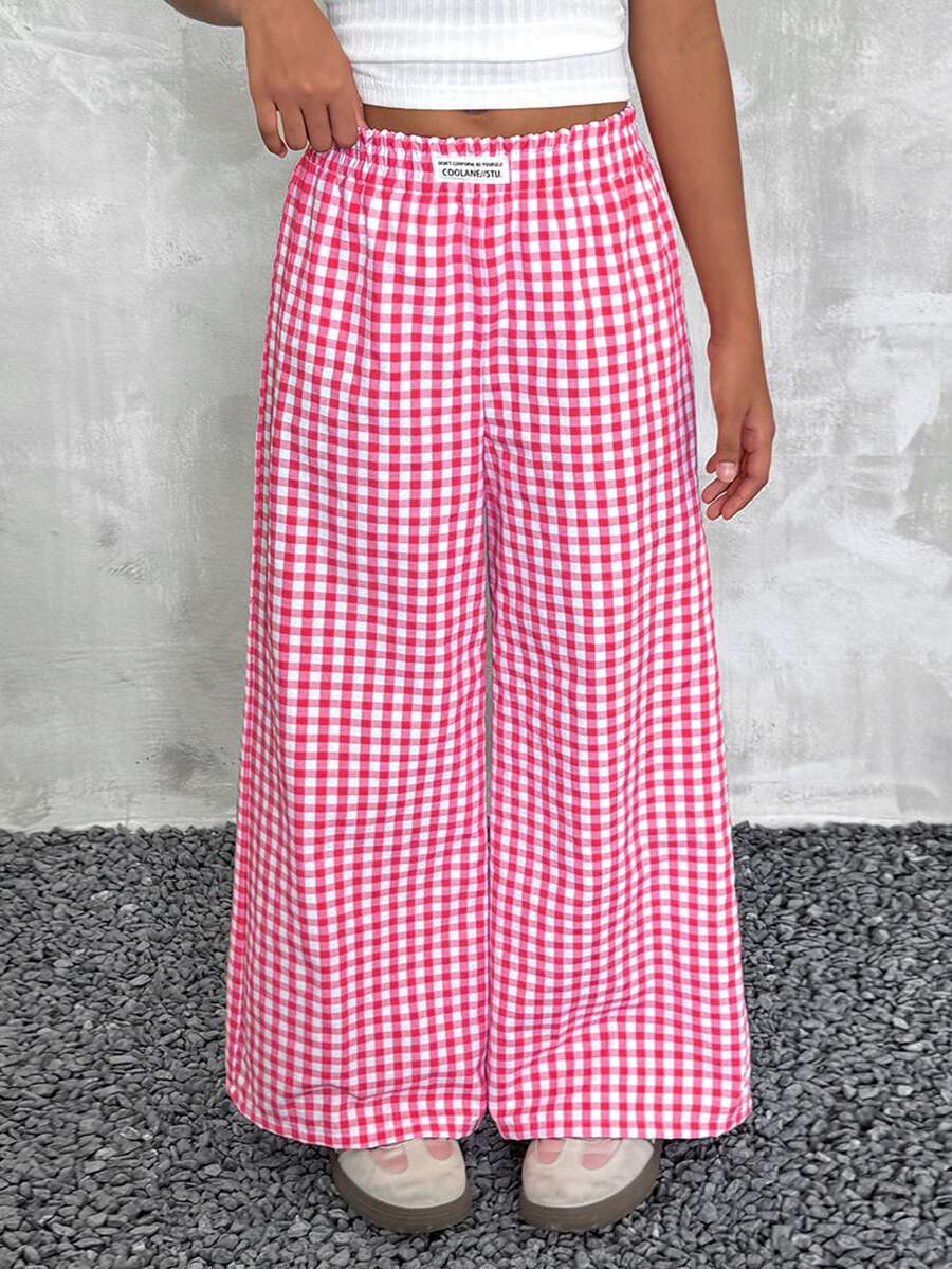 Coolane Kids Tween Girl Gingham Print Letter Patched Detail Wide Leg Pants - Hot Pink - View 1
