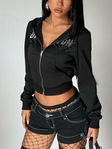EgrlEra Sexy Y2k 90s Inspired Rhinestone Hooded Sweatshirt Night Out Going Out Black And Silver Black Autumn - Black - View 7