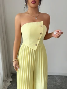 SHEIN Clasi Cream Yellow Strapless Button-Up Jumpsuit, High Waist Pleated Wide Leg, Elegant Mature Vibe Jumpsuit For Parties & Dates - Yellow - View 7
