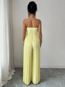 SHEIN Clasi Cream Yellow Strapless Button-Up Jumpsuit, High Waist Pleated Wide Leg, Elegant Mature Vibe Jumpsuit For Parties & Dates - Yellow - View 2