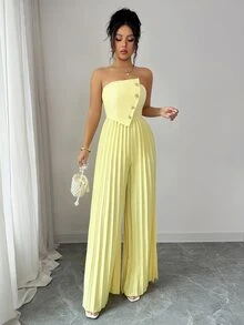 SHEIN Clasi Cream Yellow Strapless Button-Up Jumpsuit, High Waist Pleated Wide Leg, Elegant Mature Vibe Jumpsuit For Parties & Dates - Yellow - View 5