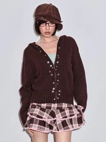 ROMWE Y2K Cardigan Rajut Wanita Model Longgar dengan Bahu Jatuh dan Tudung, Motif Polkadot Warna-warni, Bagian Depan Terbuka - Rust Brown - View 5