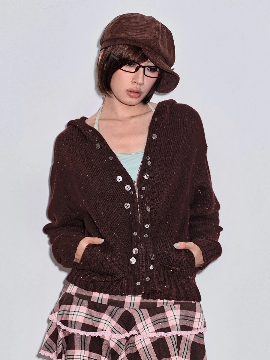 ROMWE Y2K Cardigan Rajut Wanita Model Longgar dengan Bahu Jatuh dan Tudung, Motif Polkadot Warna-warni, Bagian Depan Terbuka - Rust Brown - View 1