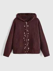 ROMWE Y2K Cardigan Rajut Wanita Model Longgar dengan Bahu Jatuh dan Tudung, Motif Polkadot Warna-warni, Bagian Depan Terbuka - Rust Brown - View 3