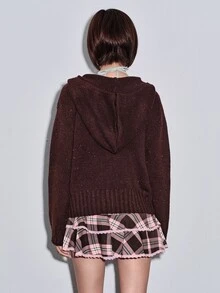 ROMWE Y2K Cardigan Rajut Wanita Model Longgar dengan Bahu Jatuh dan Tudung, Motif Polkadot Warna-warni, Bagian Depan Terbuka - Rust Brown - View 7
