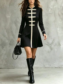 SHEIN Elegant Luxurious Gold Buckle Long Sleeve Fitted Dress For Outdoor Business Banquet - Black - View 1
