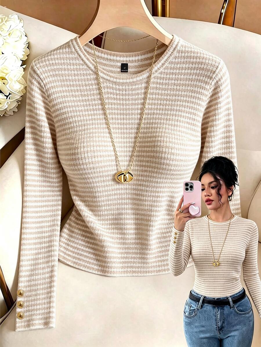 SHEIN Raffinéa Blusa casual elegante para mujer con rayas horizontales, textura, cuello redondo, manga larga, puño con botón y decoración metálica, para uso diario - Caqui - Ver 1