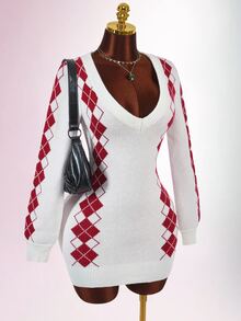 Amplova Christmas Vibe Deep V-Neck Long Sleeve Bodycon Mini Knit Dress Night Out White And Red Fall Sexy Casual Preppy Everyday School - Multicolor - View 5