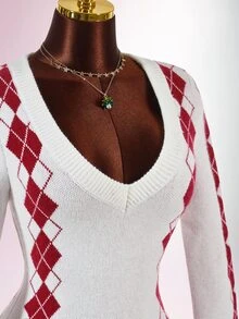 Amplova Christmas Vibe Deep V-Neck Long Sleeve Bodycon Mini Knit Dress Night Out White And Red Fall Sexy Casual Preppy Everyday School - Multicolor - View 7