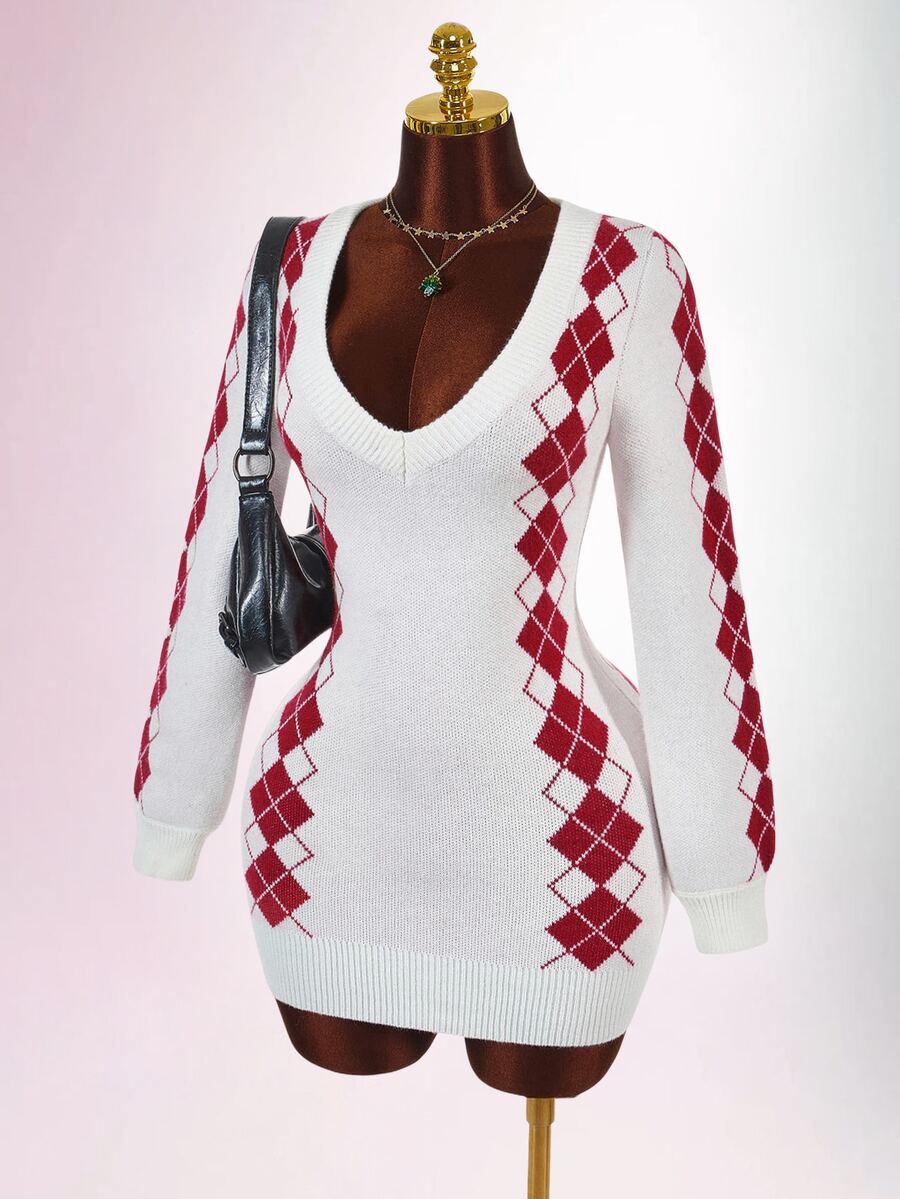 Amplova Christmas Vibe Deep V-Neck Long Sleeve Bodycon Mini Knit Dress Night Out White And Red Fall Sexy Casual Preppy Everyday School - Multicolor - View 1