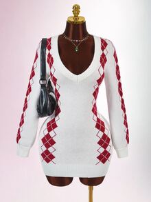 Amplova Christmas Vibe Deep V-Neck Long Sleeve Bodycon Mini Knit Dress Night Out White And Red Fall Sexy Casual Preppy Everyday School - Multicolor - View 4