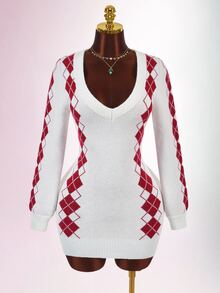 Amplova Christmas Vibe Deep V-Neck Long Sleeve Bodycon Mini Knit Dress Night Out White And Red Fall Sexy Casual Preppy Everyday School - Multicolor - View 3