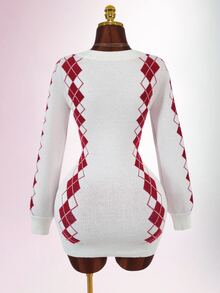 Amplova Christmas Vibe Deep V-Neck Long Sleeve Bodycon Mini Knit Dress Night Out White And Red Fall Sexy Casual Preppy Everyday School - Multicolor - View 9