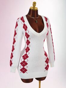 Amplova Christmas Vibe Deep V-Neck Long Sleeve Bodycon Mini Knit Dress Night Out White And Red Fall Sexy Casual Preppy Everyday School - Multicolor - View 6