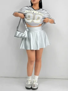 SHEIN EZwear Plus Size Women Leather Silver Mini Skirt With Built-In Shorts And Pockets - Silver - View 3