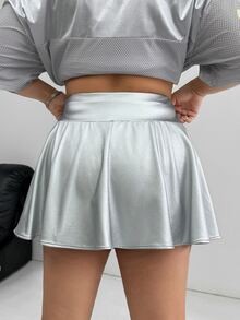 SHEIN EZwear Plus Size Women Leather Silver Mini Skirt With Built-In Shorts And Pockets - Silver - View 2
