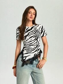 Firerie 女款優雅黑色修身T恤，休閒夏日短袖上衣，收腰設計，不對稱下擺蕾絲飾邊，適合夜生活與返校穿搭 - 彩色 - 查看 5