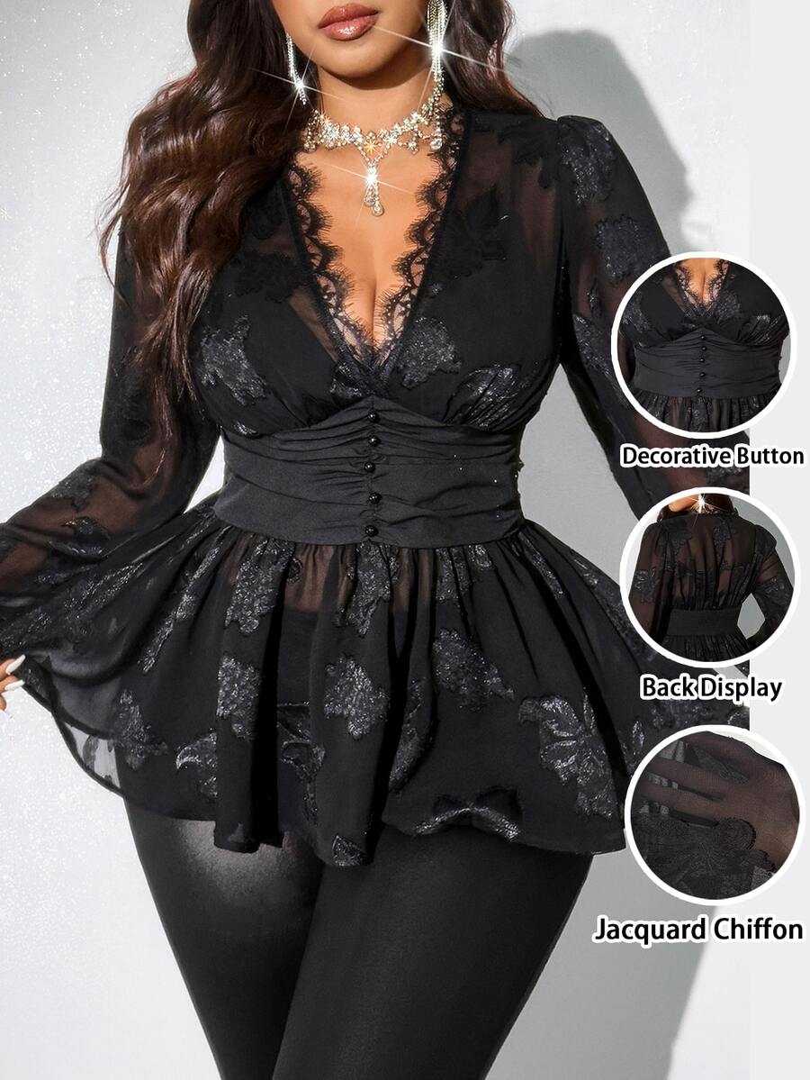 Viva Relle Plus Size Women Ruched V-Neck Long Sleeve Blouse - Black - View 1