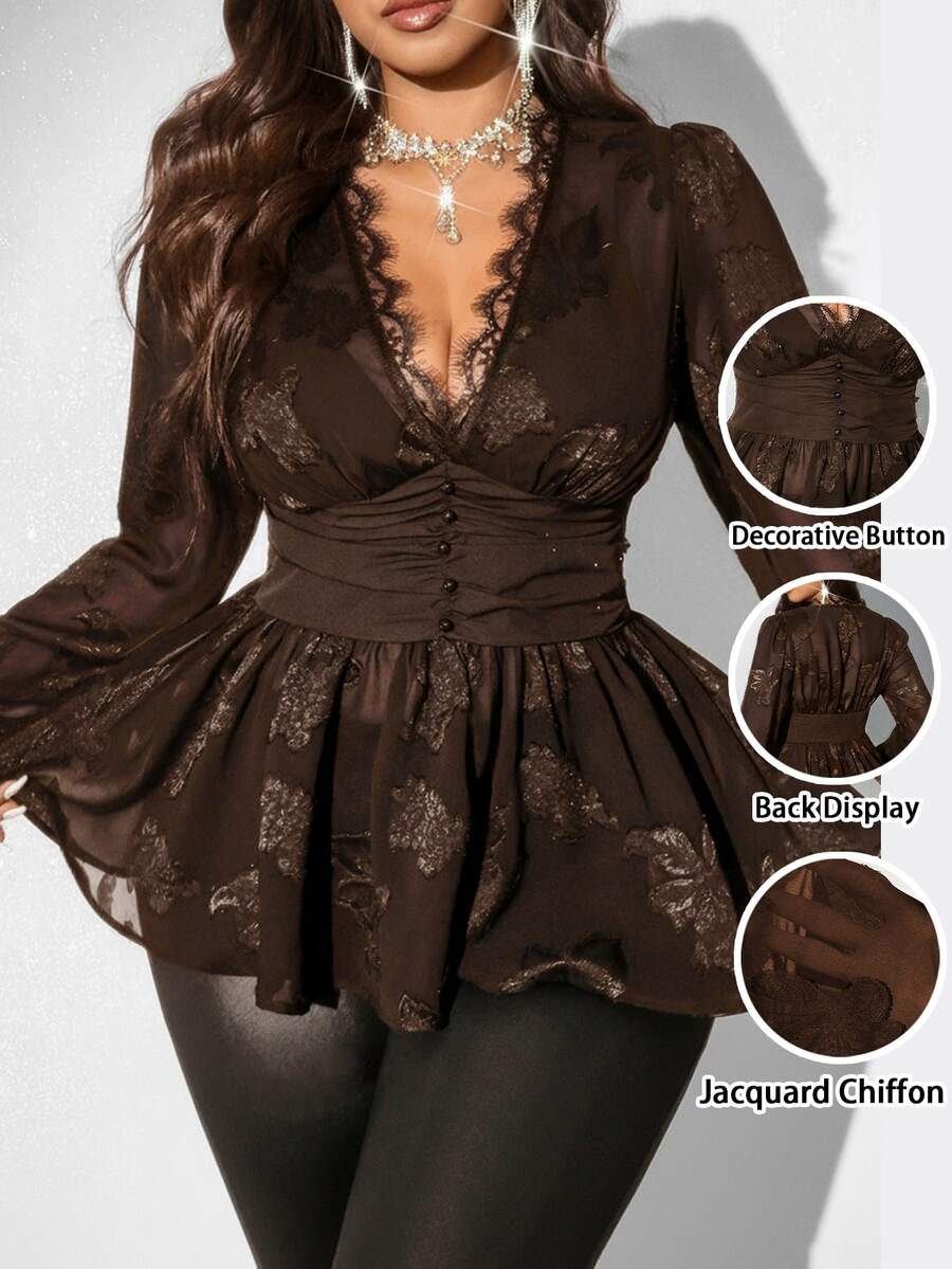Viva Relle Plus Size Women Ruched V-Neck Long Sleeve Blouse - Brown - View 1