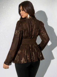 Viva Relle Plus Size Women Ruched V-Neck Long Sleeve Blouse - Brown - View 8
