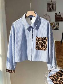 Resyla Plus Size Fall Casual Kawaii Commute Vacation Evening Leopard Print Patchwork Striped Shirt Blue White Stripe - Multicolor - View 1