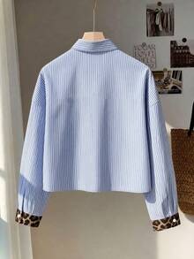Resyla Plus Size Fall Casual Kawaii Commute Vacation Evening Leopard Print Patchwork Striped Shirt Blue White Stripe - Multicolor - View 2