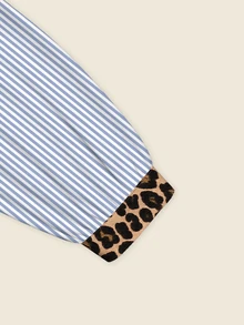 Resyla Plus Size Fall Casual Kawaii Commute Vacation Evening Leopard Print Patchwork Striped Shirt Blue White Stripe - Multicolor - View 4