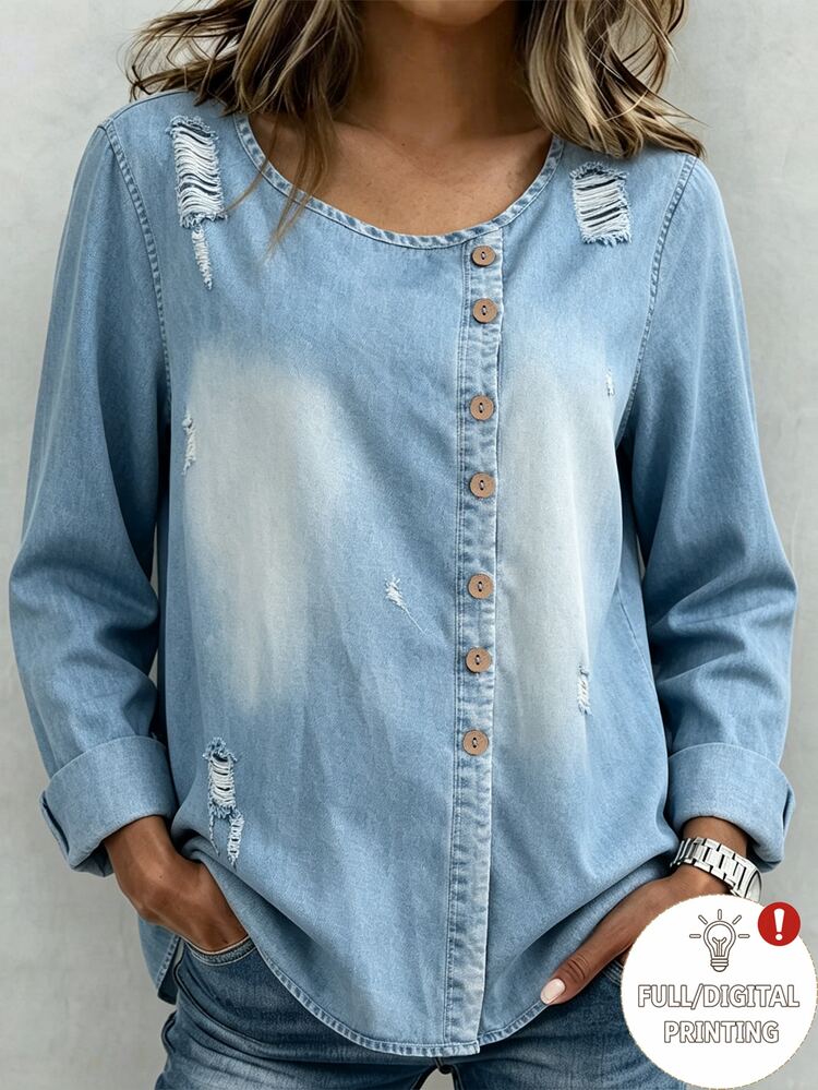 SHEIN Camiseta con botones delanteros rasgada - Azul - Añade 4