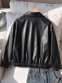 SHEIN 少女大衣，女孩黑色甜酷風 PU 皮革夾克，翻領雙排扣，秋冬款，長袖，休閒，拉鍊，中長版 - 黑色 - 查看 2