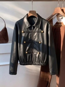SHEIN 少女大衣，女孩黑色甜酷風 PU 皮革夾克，翻領雙排扣，秋冬款，長袖，休閒，拉鍊，中長版 - 黑色 - 查看 5