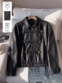 SHEIN 少女大衣，女孩黑色甜酷風 PU 皮革夾克，翻領雙排扣，秋冬款，長袖，休閒，拉鍊，中長版 - 黑色 - 查看 4
