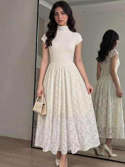SHEIN فستان أنيق باللون المشمشي بياقة عالية متوسط الطول منسوج بنقشة جاكار مع دانتيل، فستان بياقة واقفة للفتيات المراهقات