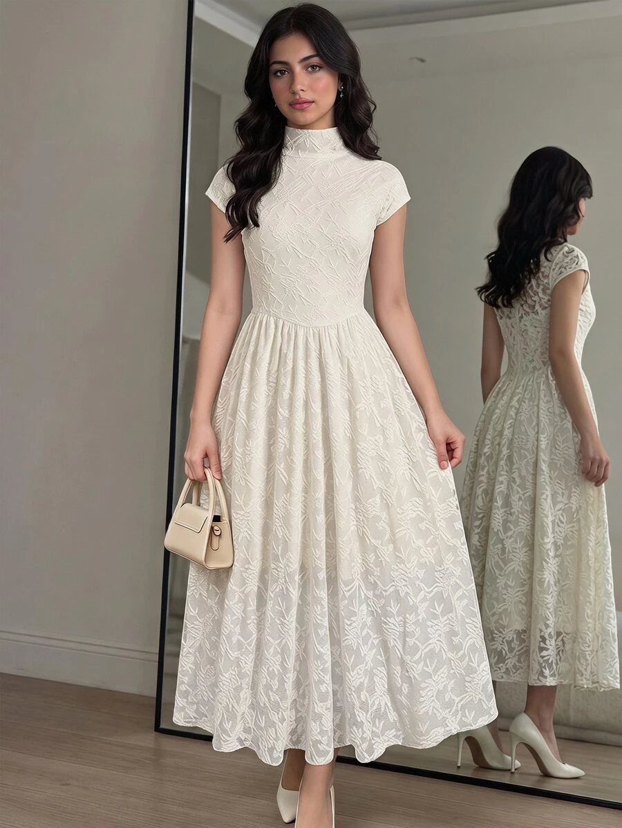 SHEIN 青少年女孩優雅杏色高領中長版提花針織蕾絲洋裝，立領洋裝 - 杏色 - 查看 1