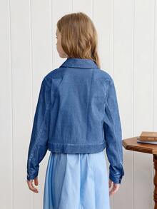 SHEIN 1pc Tween Boys Girls Elegant College Style Casual Urban Blue & White Striped Long Sleeve Collared Jacket,Back-To-School Autumn/Winter Old Money School - Blue - View 4