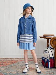 SHEIN 1pc Tween Boys Girls Elegant College Style Casual Urban Blue & White Striped Long Sleeve Collared Jacket,Back-To-School Autumn/Winter Old Money School - Blue - View 6