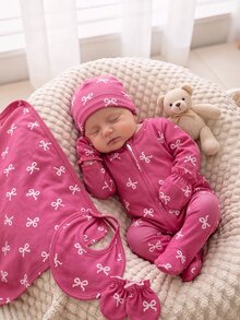 (Random 5-In-1) Newborn Comfortable Soft Warm Multi-Color Apricot Pink Khaki Floral Heart Bow Small Floral Heart Full Print Long Sleeve Footed Zipper Jumpsuit - Multicolor - View 2