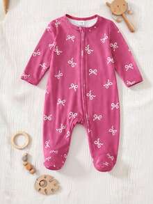 (Random 5-In-1) Newborn Comfortable Soft Warm Multi-Color Apricot Pink Khaki Floral Heart Bow Small Floral Heart Full Print Long Sleeve Footed Zipper Jumpsuit - Multicolor - View 9