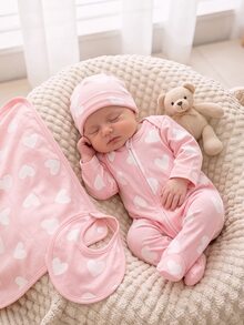 (Random 5-In-1) Newborn Comfortable Soft Warm Multi-Color Apricot Pink Khaki Floral Heart Bow Small Floral Heart Full Print Long Sleeve Footed Zipper Jumpsuit - Multicolor - View 5