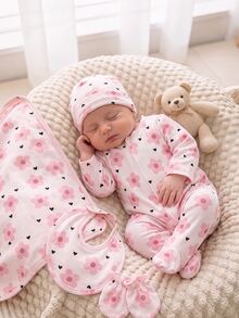 (Random 5-In-1) Newborn Comfortable Soft Warm Multi-Color Apricot Pink Khaki Floral Heart Bow Small Floral Heart Full Print Long Sleeve Footed Zipper Jumpsuit - Multicolor - View 4