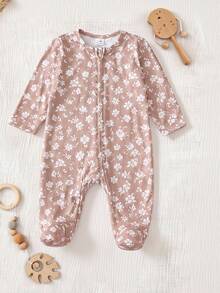 (Random 5-In-1) Newborn Comfortable Soft Warm Multi-Color Apricot Pink Khaki Floral Heart Bow Small Floral Heart Full Print Long Sleeve Footed Zipper Jumpsuit - Multicolor - View 12