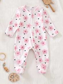 (Random 5-In-1) Newborn Comfortable Soft Warm Multi-Color Apricot Pink Khaki Floral Heart Bow Small Floral Heart Full Print Long Sleeve Footed Zipper Jumpsuit - Multicolor - View 10