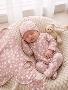 (Random 5-In-1) Newborn Comfortable Soft Warm Multi-Color Apricot Pink Khaki Floral Heart Bow Small Floral Heart Full Print Long Sleeve Footed Zipper Jumpsuit - Multicolor - View 7