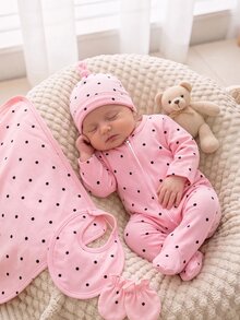 (Random 5-In-1) Newborn Comfortable Soft Warm Multi-Color Apricot Pink Khaki Floral Heart Bow Small Floral Heart Full Print Long Sleeve Footed Zipper Jumpsuit - Multicolor - View 6