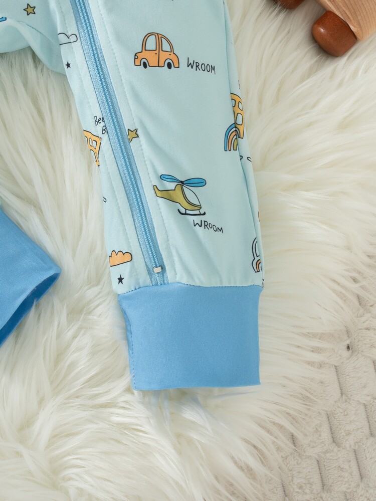 SHEIN Playful Pals 2025 Spring Baby Toddler Cute Green Tractor Print Romper, New Zipper Design Fashionable Comfortable Stylish One-Piece Jumpsuit Outfit - Blue - View 5