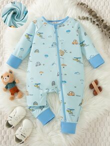 SHEIN Playful Pals 2025 春季嬰兒幼兒可愛綠色拖拉機印花連身衣，全新拉鍊設計時尚舒適時尚連身套裝 - 藍色 - 查看 3