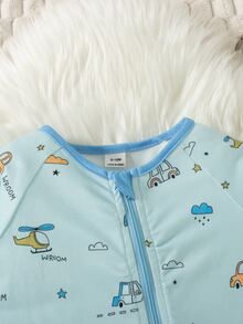 SHEIN Playful Pals 2025 春季嬰兒幼兒可愛綠色拖拉機印花連身衣，全新拉鍊設計時尚舒適時尚連身套裝 - 藍色 - 查看 7