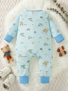 SHEIN Playful Pals 2025 春季嬰兒幼兒可愛綠色拖拉機印花連身衣，全新拉鍊設計時尚舒適時尚連身套裝 - 藍色 - 查看 2